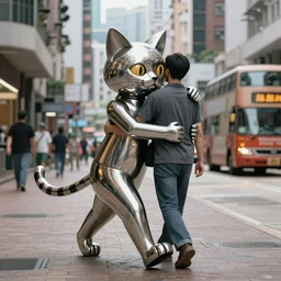 a t - 1 0 0 0 cat made of liquid metal walking in the streets of hong kong and hugging a man, volumetric lighting, sharp focus, ultra detailed, cgsociety - w 1 0 2 4 - n 8 - i