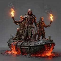 airbrush of 4 character, primitive sewer raft, lava liquid, dystopian, by wayne d barlowe, syd mead, geof darrow, philippe druillet, hyper realism, narrative light, muted colors, epic, hyper detailed, awe inspiring, award winning horror, torch lighting, hyper realism, cinematical