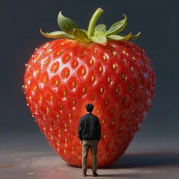 man stand in front of world ’ s largest strawberry
