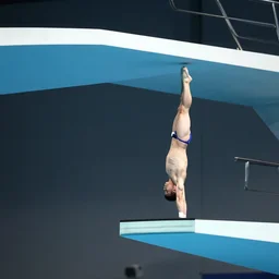 olympic diving springoard, a tiny male diver is diving head down into a dish of pasta, detailed realistic sport art, artgerm