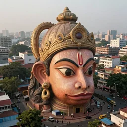 dreamscape! mumbai with biomorphic hanuman!! head building, kalighat, sharp hyperrealistic cinematic smooth, stephen shore & john j. park, soft morning light, wide shot, high angle, uhd 8 k, deep focus