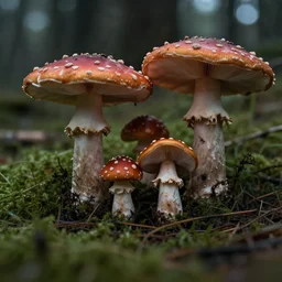 a photography from afar of a creepy mushroom family, terrifying, photorealistic, 2 4 mm