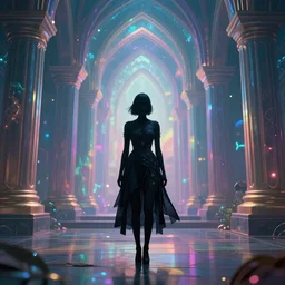 long Shot of psychedelic Black widow standing in mysterious chromatic astral temple  , stylish, lsd, soft,  vsco, cinematic, artwork by WLOP
