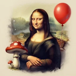 surrealism grunge cartoon portrait sketch of a mushroom with a wide smile and a red balloon by - michael karcz, loony toons style, mona lisa style, horror theme, detailed, elegant, intricate