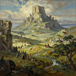 beautiful painting of epic landscapes of Middle Earth, in style of Lord of the Rings, fantasy matte painting, golden ratio, trending on cgsociety, cinematic, trending on artstation, by John Howe and Greg Rutkowski, highly detailed, vibrant