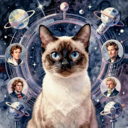 pet siamese cat, outer space, ilya kuvshinov, john singer sargent, watercolor painting, shaft anime key visual, trending on artstation, solarpunk, intricate, abstract
