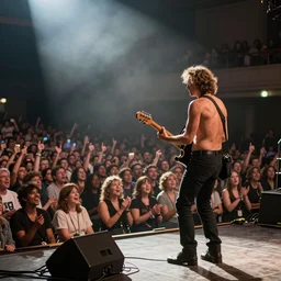 Frank Dillane, shirtless, playing guitar on stage for an adoring crowd
