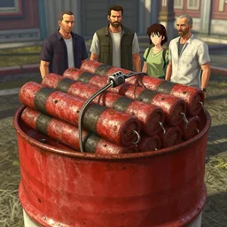huge pack of dynamite on a red rusty oil - drum in gta v, stephen bliss, unreal engine, fantasy art by greg rutkowski, loish, rhads, ferdinand knab, makoto shinkai and lois van baarle, ilya kuvshinov, rossdraws, tom bagshaw, global illumination, detailed and intricate environment