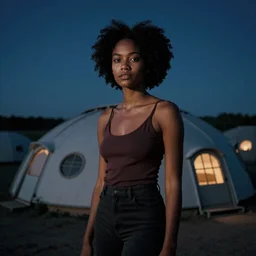 portrait of a dark-skinned beautiful woman under the night sky, earthship, Rembrandt