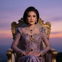 portrait photography of indonesian princess of the dawn, beautiful woman, elegant, celebration costume, jewellery, sitting in the throne, highly detailed, hyper realistic, dramatic sky, dawn, pastel, deep gaze, pretty face, glowing, in the style of annie leibovitz
