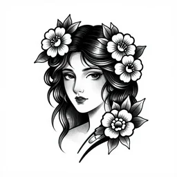 tattoo design, stencil, traditional, beautiful portrait of a girl with flowers in her hair by artgerm, artgerm, digital art
