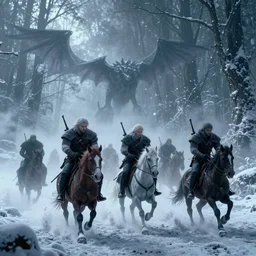 the wild hunt, spectres of the night, otherworldly, wraiths, bad omen, fast paced riding, blizzard, storm, enchanted, forest, fog, snow, ice, dreamy, witcher 3, cinematic, breathtaking, vfx, physically based rendering, unreal 5, cgi, concept art, trending in artstation, intricate details, dark fantasy, 8 k