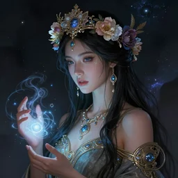 a beautiful cinematic female druid goddess, flower Crown, galatic shamen with Quantum energy fantasy, fantasy magic, undercut hairstyle, dark light night, intricate, elegant, sharp focus, illustration, highly detailed, digital painting, concept art, matte, art by WLOP and Artgerm and Greg Rutkowski and Alphonse Mucha, masterpiece