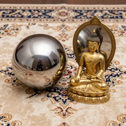 A chrome sphere and mirror gold Buddha set on a oriental rug, still life photography, high detail, 4k