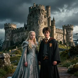 eowyn and harry potter stand together in front of a castle