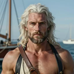 detailed cinematic wide shot of muscular attractive masculine sea captain man beard slim face symettrical face clean skin blue eyes white hair, ultra realistic, spring light, painting by gaston bussiere, craig mullins, j. c. leyendecker