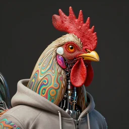 an extremely psychedelic portrait of a robotic rooster wearing a hoodie, surreal, LSD, face, detailed, intricate, elegant, lithe, highly detailed, digital painting, artstation, concept art, smooth, sharp focus, illustration, art by Jason Edmiston