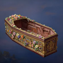an elaborate empty floating coffin adorned with flowers, evening, fantasy, regal, intricate, detailed matte painting by thomas kinkade and alan lee