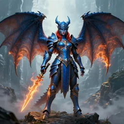full body portrait of a dnd dragon hunter in the intricate thunderous mountains, female, strong, symmetric wings, dragon inspired blue armor, red hair, helmet, pretty, fire, blue skin, high fantasy, detailed face, highly detailed, sharp focus, smooth, digital illustration, by clyde caldwell