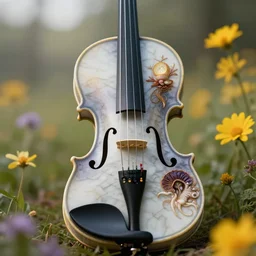 a magical violin made of marble, macro shot, bokeh, 🌼🌻🍂, 8 k, matte painting, early morning light, cinematic light, in the style of mark ryden and mc escher and ernst haeckel,