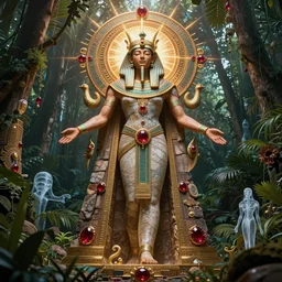 detailed digital art of a Deity of light and life, Hyper-terrestrial is often depicted as a benevolent force that brings hope and healing to those in need by Sophie Anderson, John Constable and Sonia Delaunay, style of cyclopean masonry,ruby, x-ray photography, Egyptian, in the jungle,artstationHQ,artstationHD, ornate, intricate, trending on deviantart, highly detailed, maximalist, cinematic, 8k, award-winning art