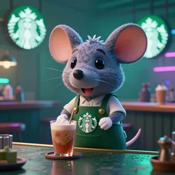 mouse starbucks barista detailed hyper realistic digital art neon dreamy cyberpunk artstation