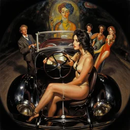 3 d fisheye, very low angle, wide angle, painting showing olivia munn driving exaggerated 1 9 3 0 s car with woman driving, shiny, dramatic lighting, sultry, sensual, vargas, wlop, manara, mucha, moebius, elvgren, joshua middleton, clay mann, artgerm
