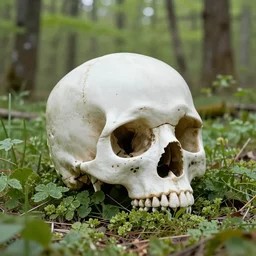 Boulder shaped skull hidden in an overgrown forest in spring time