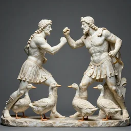 epic fight between greek warriors and ducks, marble statue