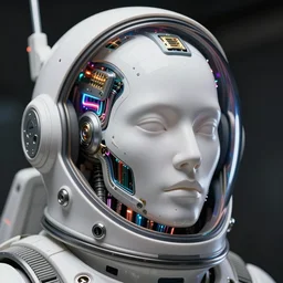 portrait of a biomechanical head inside a futuristic space helmet, organic transistors, neon, tron, white metal, iridescent visor,  smooth, sharp focus, high detail, art by Greg Rutkowski and Alphonse Mucha and Guy Denning,