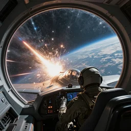 ultra wide angle very closeup view of a pilot in a futuristic sci - fi fighter space ship cockpit with large window, intense space laser battle, stunning, dramatic, detailed, hyperrealistic photography, matte colors, simple and stylized