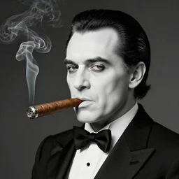 The Troll Face smoking a big cigar in a black tuxedo and slicked back jet black hair with a white background, 4k resolution, 8k resolution, HD Quality, highly detailed, very detailed, detailed, studio quality lighting, digital art, trending on art station