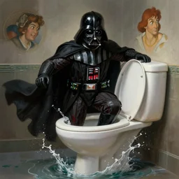 Darth Vader climbing out of a toilet bowl, digital painting masterpiece by Rembrandt, Michelangelo, Moebius, Thomas Kinkade, Greg Rutkowski, Disney, Capcom, concept art, beautiful detail, rule of thirds, great composition, water splashing effects, cinematic, dramatic lighting