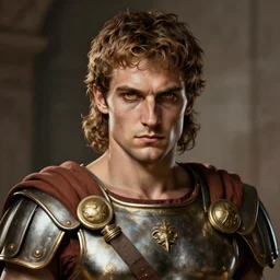 roman general, handsome noble, ancient soldier, portrait of roman warrior in lorica segmentata, character portrait, masterfully shaded, deep focus, amber eyes, insane color, artstation, contour lighting, 4 k, game cover art, sharp focus, anatomically correct, classic fantasy, by artgerm