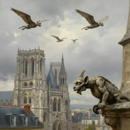 semi cloudy day in gothic Paris , gargoyles flying in the air, old gothic French architecture, painting by Thomas Cole, award winning concept art, trending on Artstation, 8k, 4K