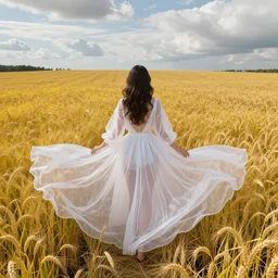 very coherent symmetrical artwork, perfect body ,aerial shot, a beautiful photo of a petite brunette girl in a very wide transparent sheer fabric white dress standing on a bright yellow rye field, a lot of clouds, photo from the back, 135mm, trending on artstation, hyper detailed, hyper realistic, chrome accents, mild, ethereal, elegant, tender