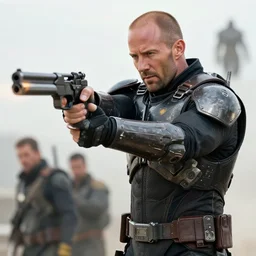 photorealistic jason statham in sci - fi armor shooting guns, chris foss, john harris, beeple, wayne barlowe
