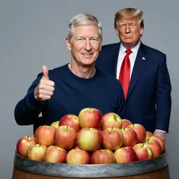 color studio photo of tim cook in a barrel of apples with donald trump giving a thumbs up