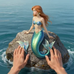 mermaid on a rock in the ocean, accurate anatomy, only two hands, highly detailed, digital painting, concept art, smooth, sharp focus, illustration, Unreal Engine 5, 32K, art inspired by ross tran and alphonse mucha
