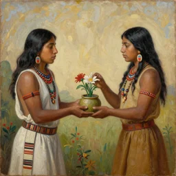 a beautiful painting of two incan people exchanging presents, art by christophe vacher