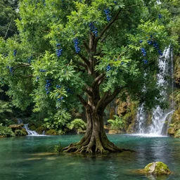 lush tree in a pond with blue fruits and a few waterfalls in the background, by james gurney, concept art, intricate, hyper detailed, volumetric lighting, sharp focus, octane render, trending on artstation, 8 k