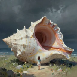 atmospheric painting of a giant seashell house, a young girl stands outside, by john harris and moebius, atmospheric, concept art