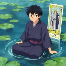 a anime boy wearing a kimono sitting in a body of water, a character portrait by kano sansetsu, pixiv contest winner, fantasy art, official art, anime aesthetic, tarot card, lily pads, kimi no na wa