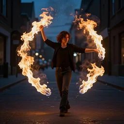 dancing fires in a dark street, award winning photo