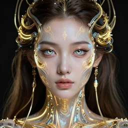 very beautiful woman, bionic pupils!, full face frontal centered, portrait, detailed intricate symmetrical ornate neon cables connected to head, clear lips, luxurious long hair, sophisticated golden!!!! neon wiring and implants, translucent!, porcelain, fractal, sci fi, dramatic lighting, photography, highly detailed, artstation, deviantart, 8 k, by chie yoshii
