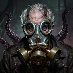 a male zombie with gasmask old man | | elderly - face, wrinkled face, realistic shaded perfect face, fine details. anime. tentacles, cthulu, eldritch abomination, dunwitch horror, realistic shaded lighting poster by greg rutkowski, magali villeneuve, artgerm, jeremy lipkin and michael garmash and rob rey