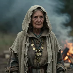 a film still of an elderly woman wearing a hood and robe of multiple layers of drab colored torn linen, she’s wearing a necklace made of string and cable with golden rings and coins intertwined, lit by campfire, smoky, haze, film grain, cinematic moody, artstation, concept art, filmic