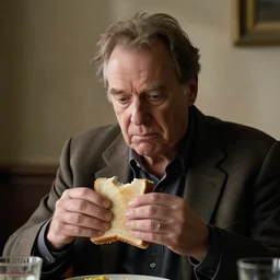 film still of ian mckellen disappointed by a sandwich
