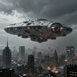 giant spaceship, city is pure wasteland, rain, dusk, low saturation, glowing lights, alphonse mucha, greg rutkowski, trending on artstation, artgerm, breathtaking, sharp focus, smooth, mark arian, award winning, highly detailed 4 k art