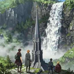 elven spire above the great alpine waterfall. andreas achenbach, artgerm, mikko lagerstedt, zack snyder, tokujin yoshioka
